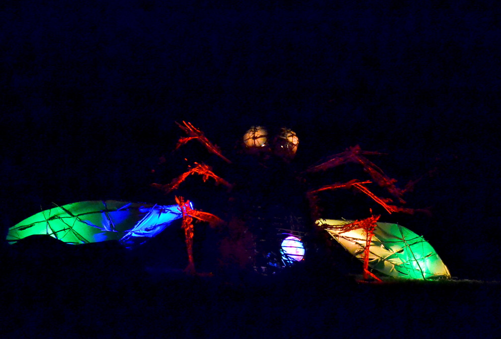 The 2012 bug at night, lit with colorful lights from within.