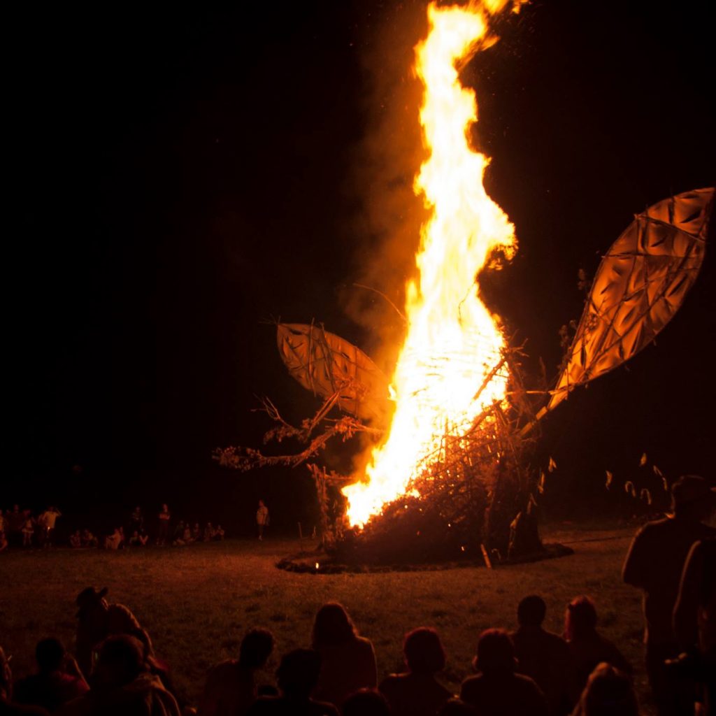 The 2012 bug burns at night. A large crowd watches it in a ring around the fire.