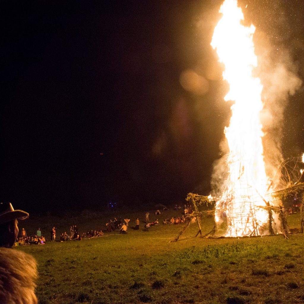 The 2015 bug burns. A large group of people watch from a circle around the fire.