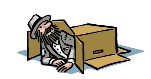 A cartoon of a homeless man living in a cardboard box