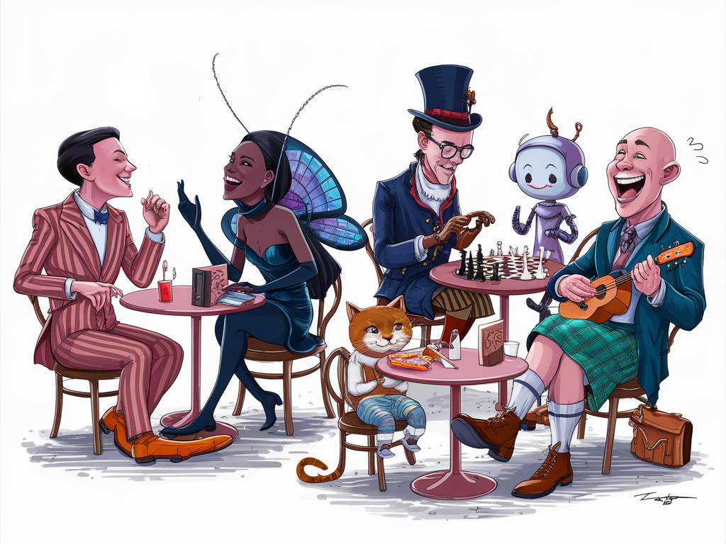 Fancifully-dressed humans and laugh with a robot, cat and butterfly-person around cafe tables.